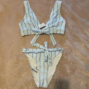 Playful Promises high-waist cheeky striped high-leg bikini top bottoms Sz 8 NWT